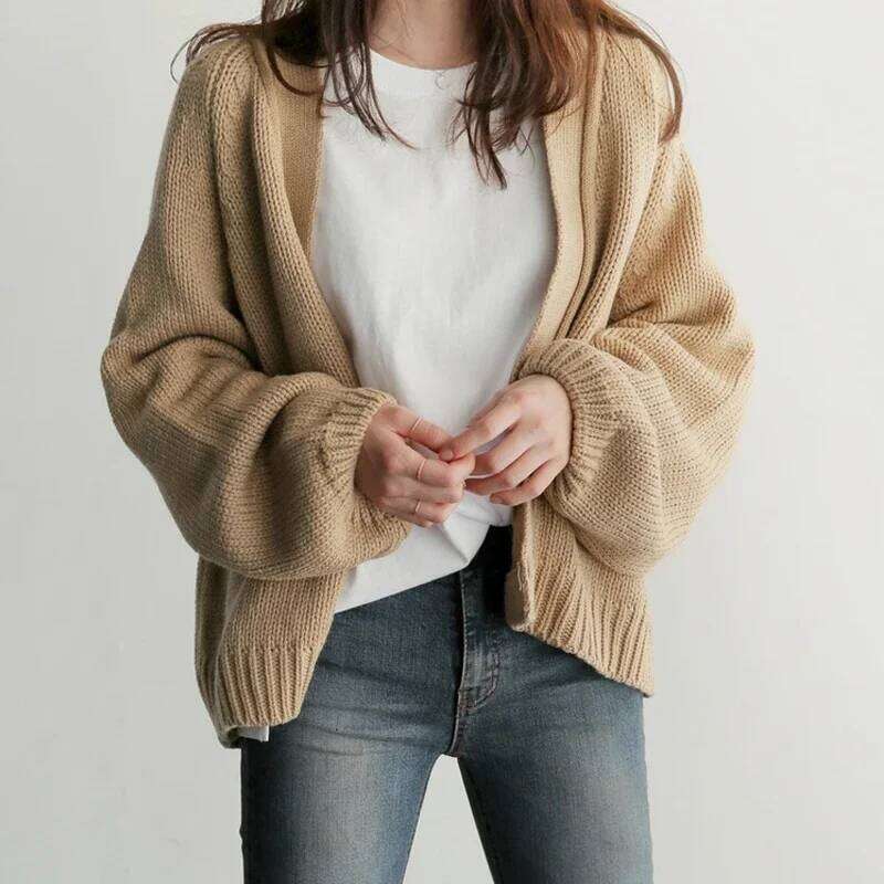Autumn Fashion Women Loose Knitted Cardigan Short Sweater Jacket V Neck New Casual Office Solid Color Elegant Long Sleeve Coats Z260313