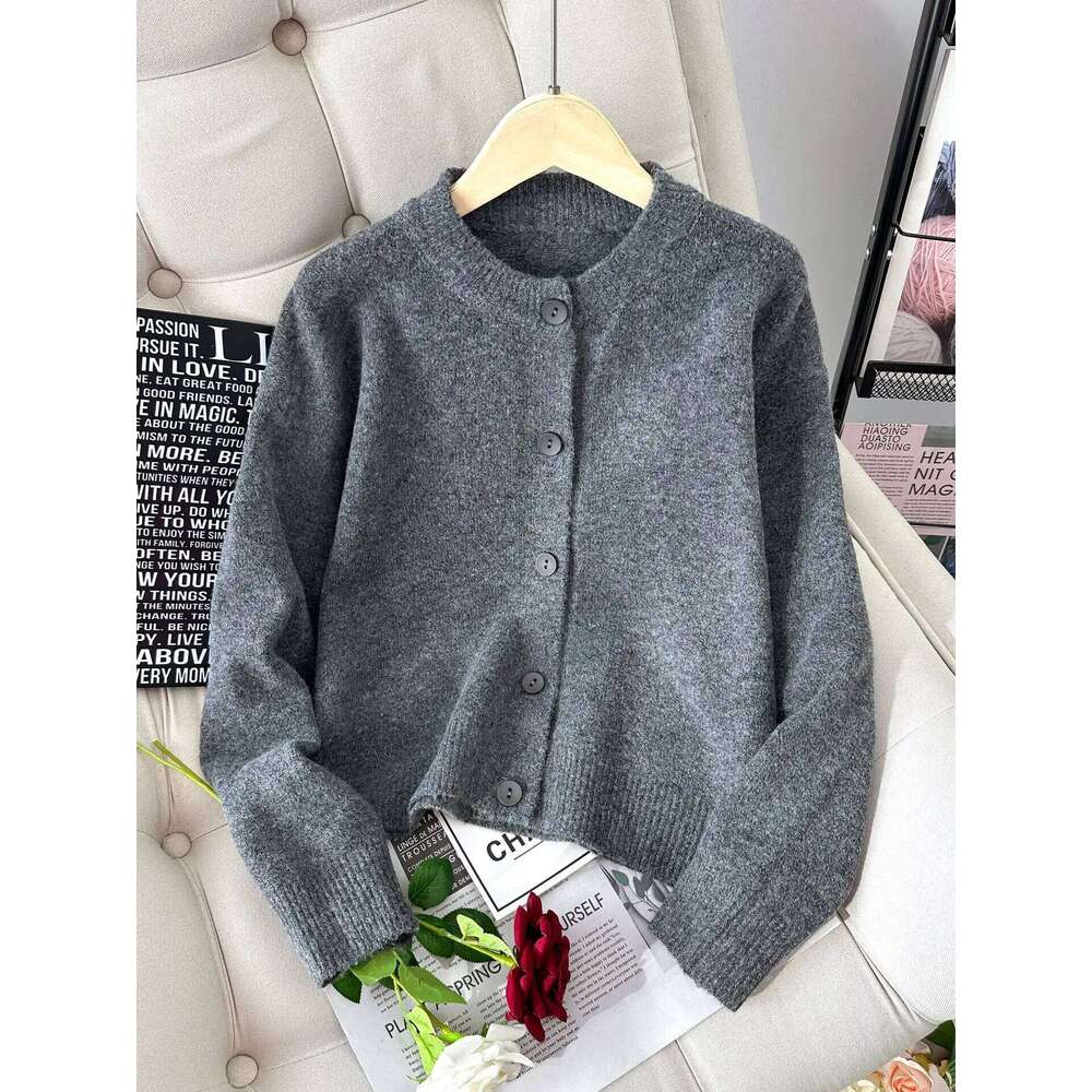 Simple Dark Gray Knitted Cardigan Autumn Round Neck Women's Sweater Jacket Korean Casual Fashion Female Knitting Coat Z260313