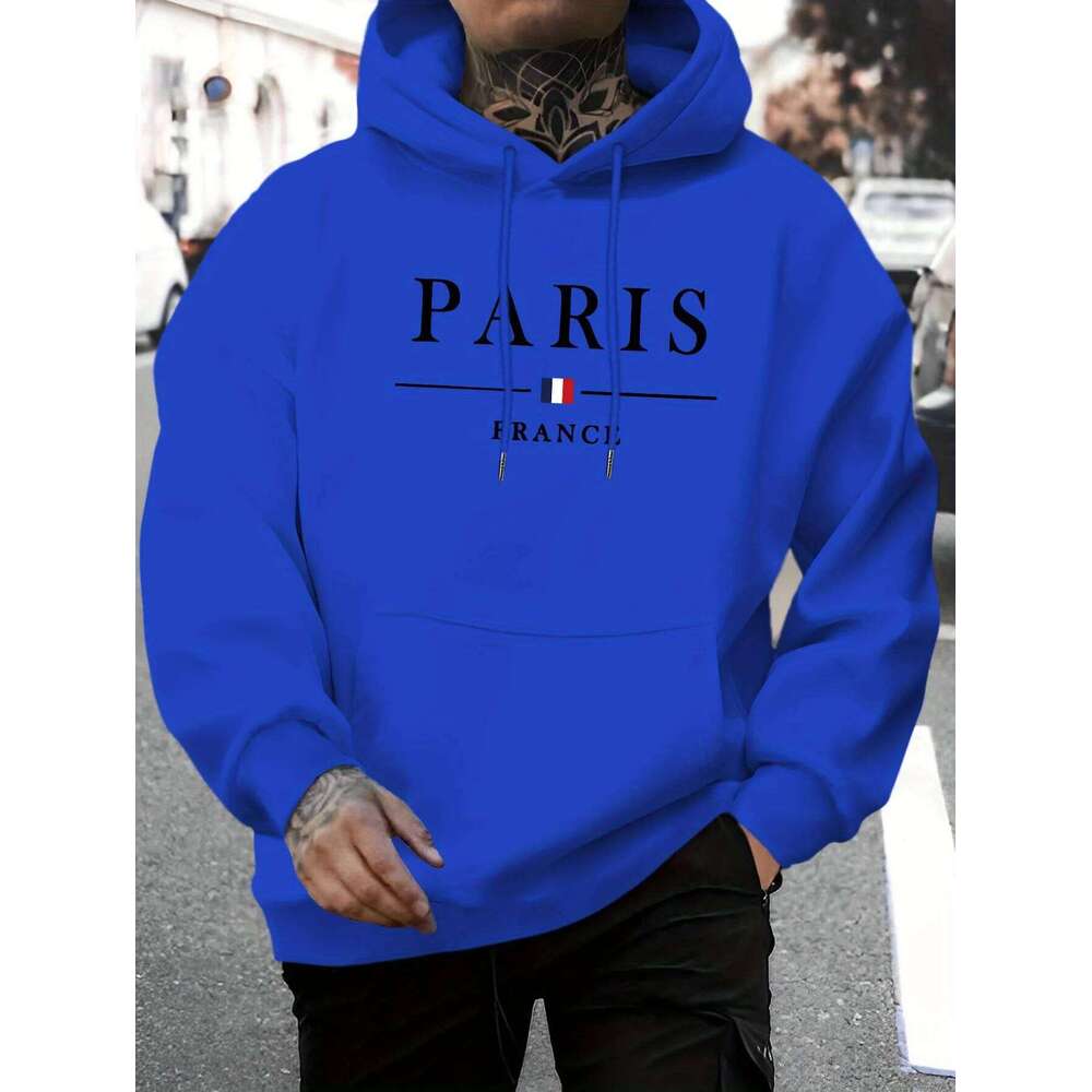 Men's autumn and winter casual fashion loose Paris letter pattern printed long sleeved hooded sweatshirt warm pullover Z260314