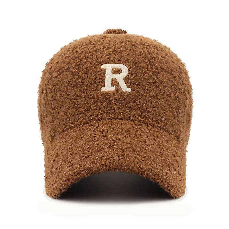 Women's Korean Style Teddy Fleece Baseball Embroidered 'R' Letter Face-Slimming Hat Cozy Casual Fall and Winter Cap Z260313