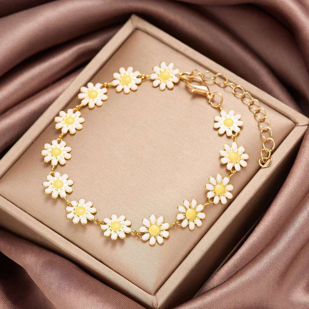 Vintage Bohemian Full Daisy & Bangle Summer Fashion Flower Chain Charm Bracelet For Women Travel Wristband Jewelry Z260313