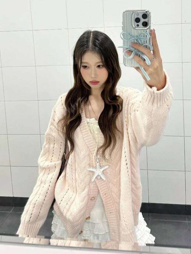 Women Sweet Kawaii Pink V-Neck Sweater Coat Autumn Winter Casual Loose Fashion Knit Cardigan Ladies Y2k Elegant Chic Top New Z260313