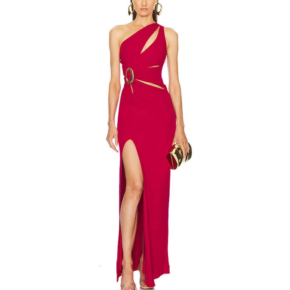 2026 spring and summer new European and American niche sexy design asymmetrical shoulders slim fit high waist goddess sleeveless long skirt