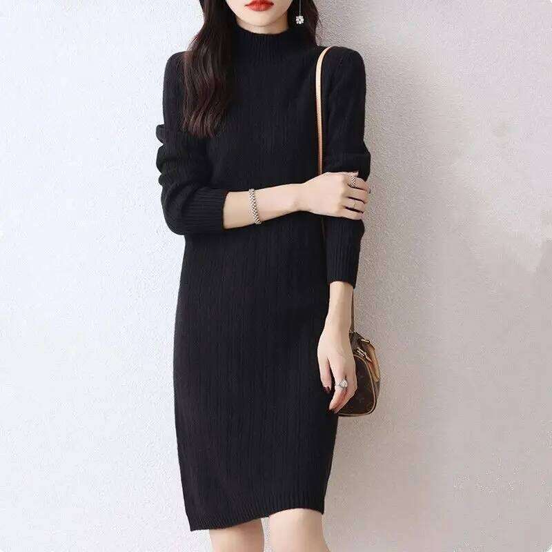 Autumn Winter New Women Solid Half High Collar Temperamen Fashion Long Sleeve Mid-length Straight Loose Knittd Dresses Z260313