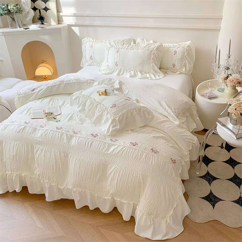 Flowers Embroidery Lace Edge Ruched Comforter cover Bed sheet Pillowcases, French Style Chic Fluffy 4Pcs Lightweigh Comfortable H260312