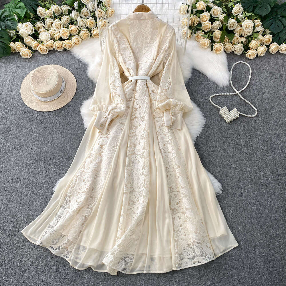 Designer French retro lace embroidered dress with lapel and lantern sleeves for women's spring and autumn single breasted design