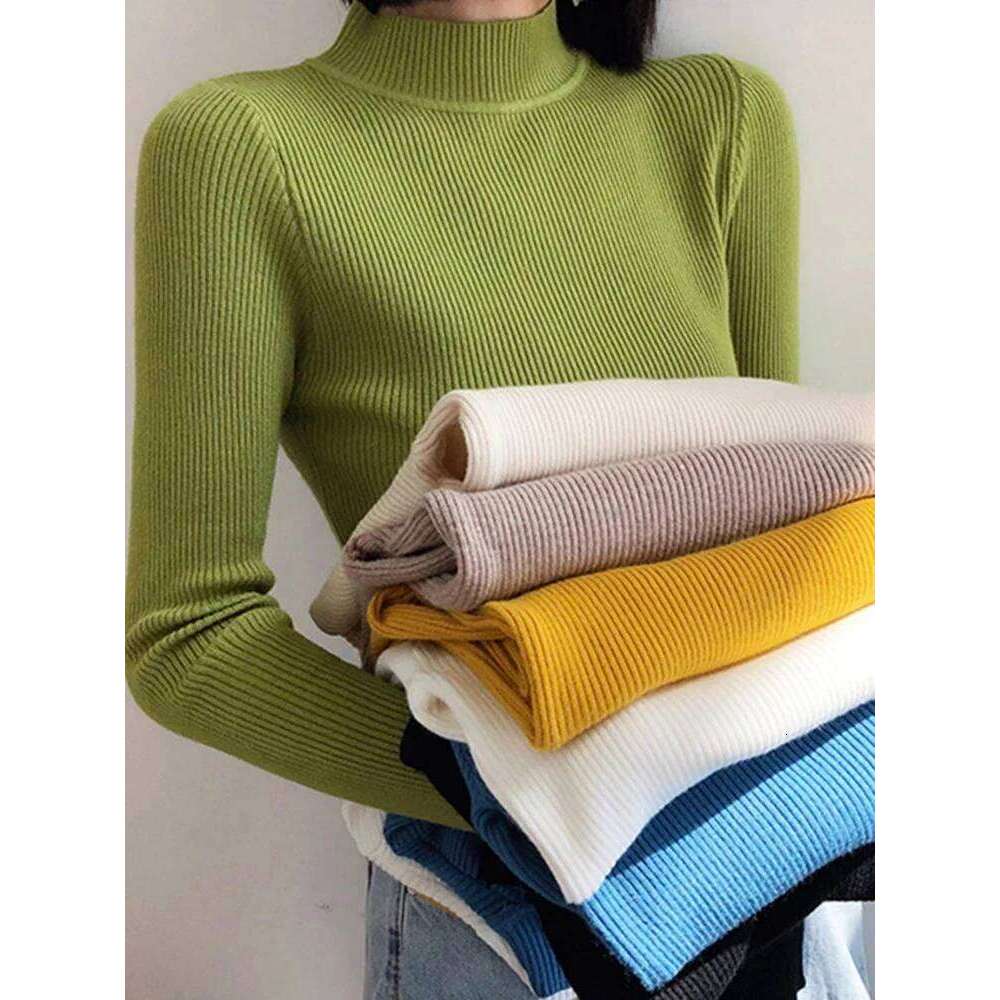 Autumn Winter Mock Neck Women Sweater Vintage Basic Solid Knitted Tops Casual Slim Pullover Korean Sweaters Simple Chic Jumpers Z260313