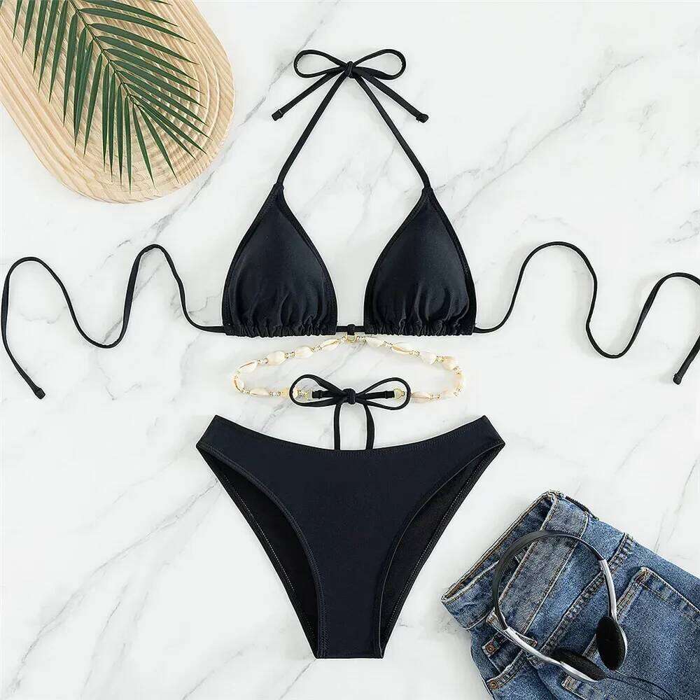 Sexy White Shell String Halter Triangle Bikini Set Women Swimwear Micro Thong Swimsuit Bathing Suit Mini Bikinis 2025 Mujer Swim Y260303