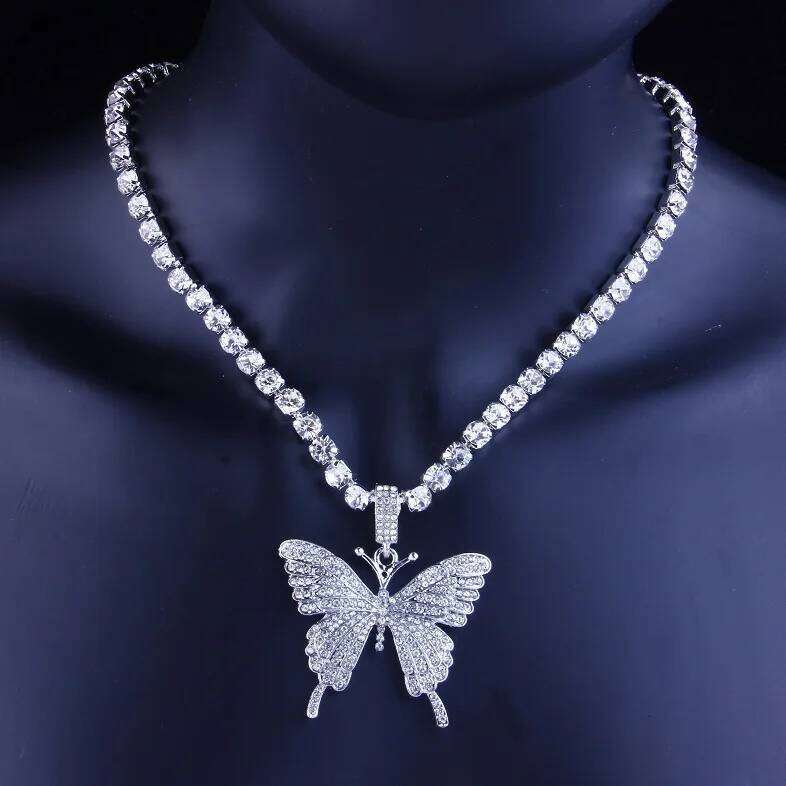Hip Hop Big Butterfly Pendant Rhinestone for Women Bling Tennis Chain Crystal Choker Necklace Party Jewelry H260312