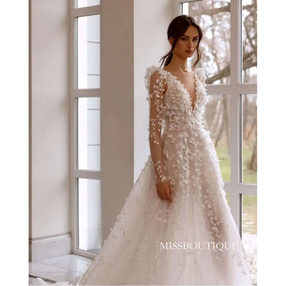 Wedding Dress Gorgeous Lace Flora Appliques Long Sleeves Open Back Bridal Gowns Illusion High Split Robes De Mariage Bc18412 B0313