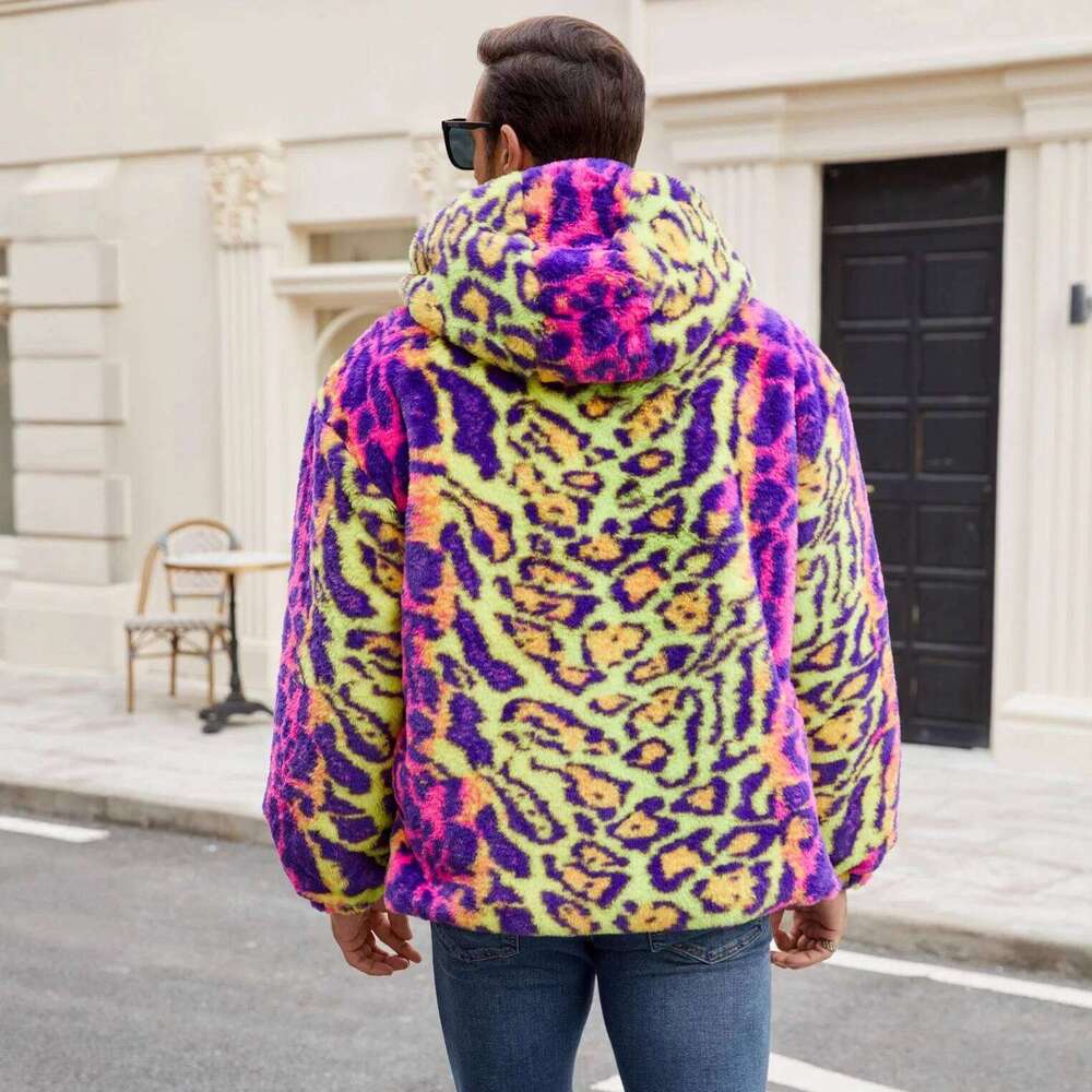 Europe and America Cross-border Men Jacket Faux Fur Colorful Leopard Print Coat Plush Keep Warm Thicken Temperament Trend Loose Z260313