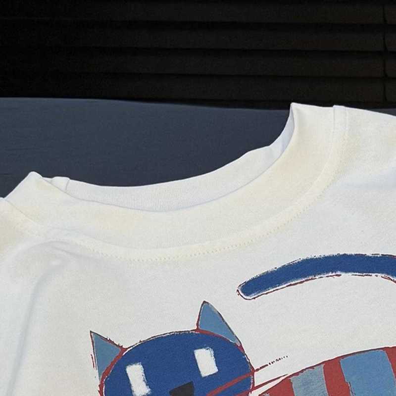 T-shirts Boys' two-tone color block T-shirt spring/autumn cartoon cat long-sleeve T-shirt for young children casual loose sweatshirt