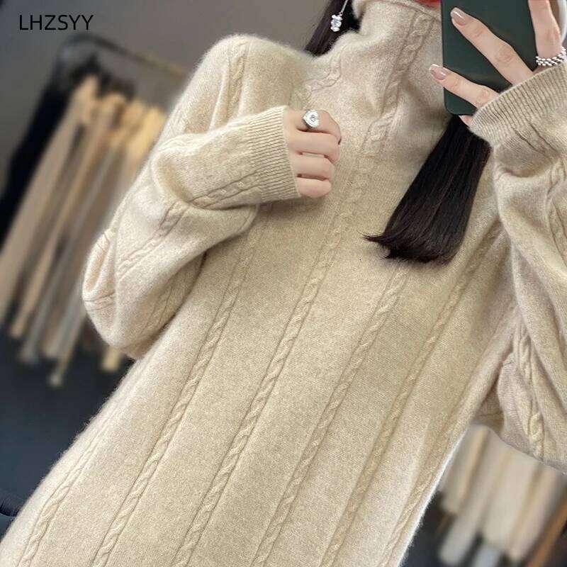 LHZSYY Turtleneck 100% Pure Wool Women's New Autumn Winter Hip Wrap Knit Skirt High-End Sweaters Loose Cashmere Long Dress Z260314