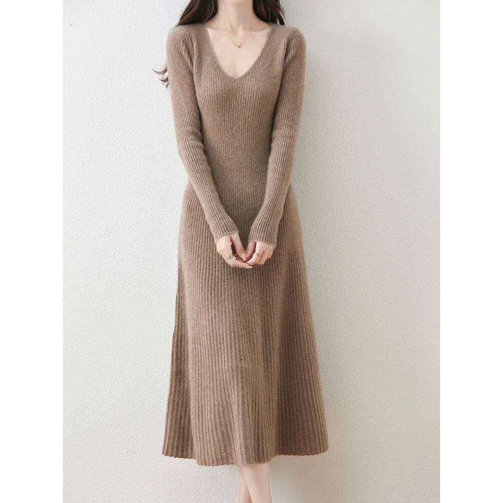 Mini Star Women Sweater Dress V-neck Pullover 100% Merino Wool Knitwear Autumn Winter Cashmere Soft Fit-Flare A-Line Skirts Z260314
