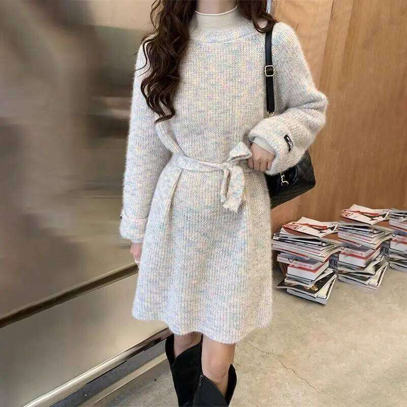 Lazy Style for Women Autumn Winter New Wear Mid-length Loose Knitted Sweater Lace-up Waist Dress Z260313