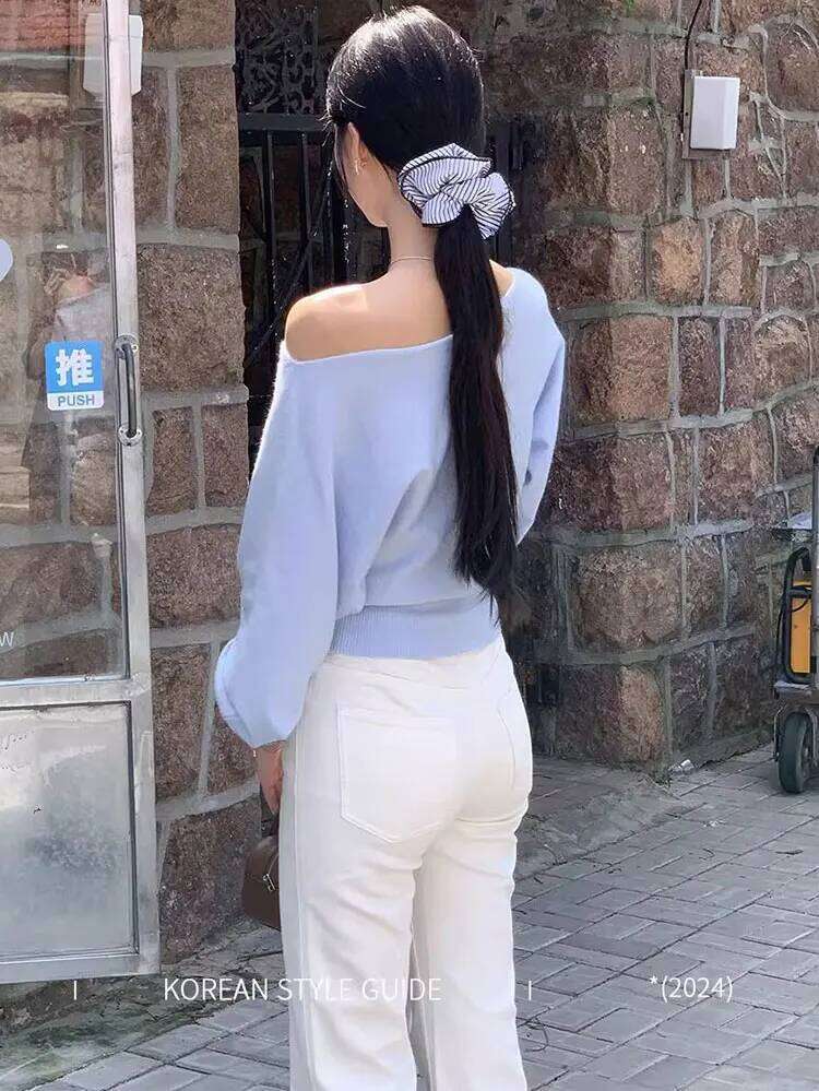 Boat Neck Long Knitwear Women Pullover Off shoulder Puff sleeve Sweater Spring Autumn Outwear Lady Casual Top Z260313