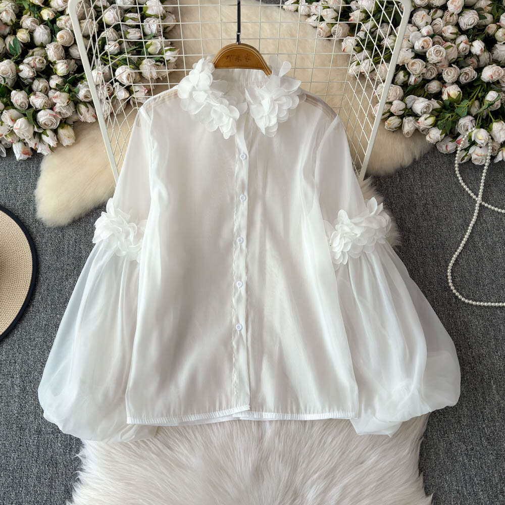 2026 designer French women's unique three-dimensional flower lantern sleeves, youthful and versatile solid color chiffon long sleeved shirt