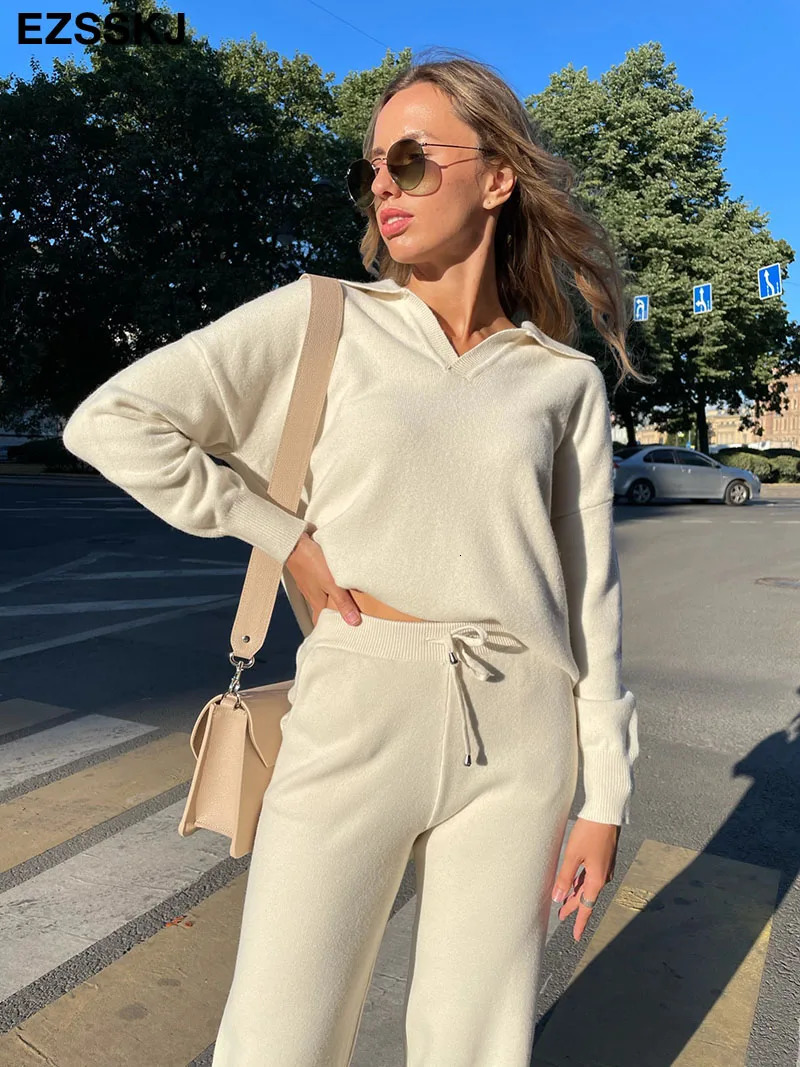 2 Pieces Set Women oversize Tracksuit polo collar Sweater Pullover straight pants Sweater Set CHIC Knitted Outwear sweater suit 260309