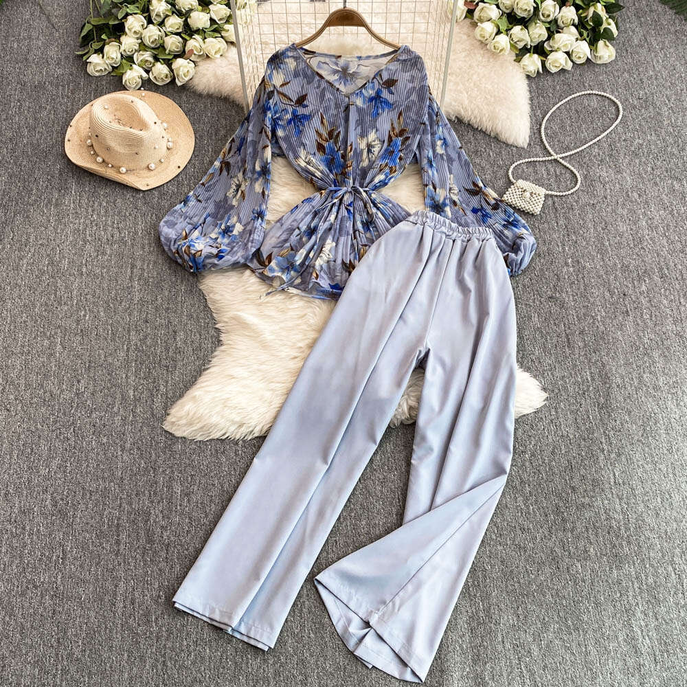 Designer ladies elegant mature style two-piece loose waistband flower pleated shirt high waist wide leg straight leg suit pants