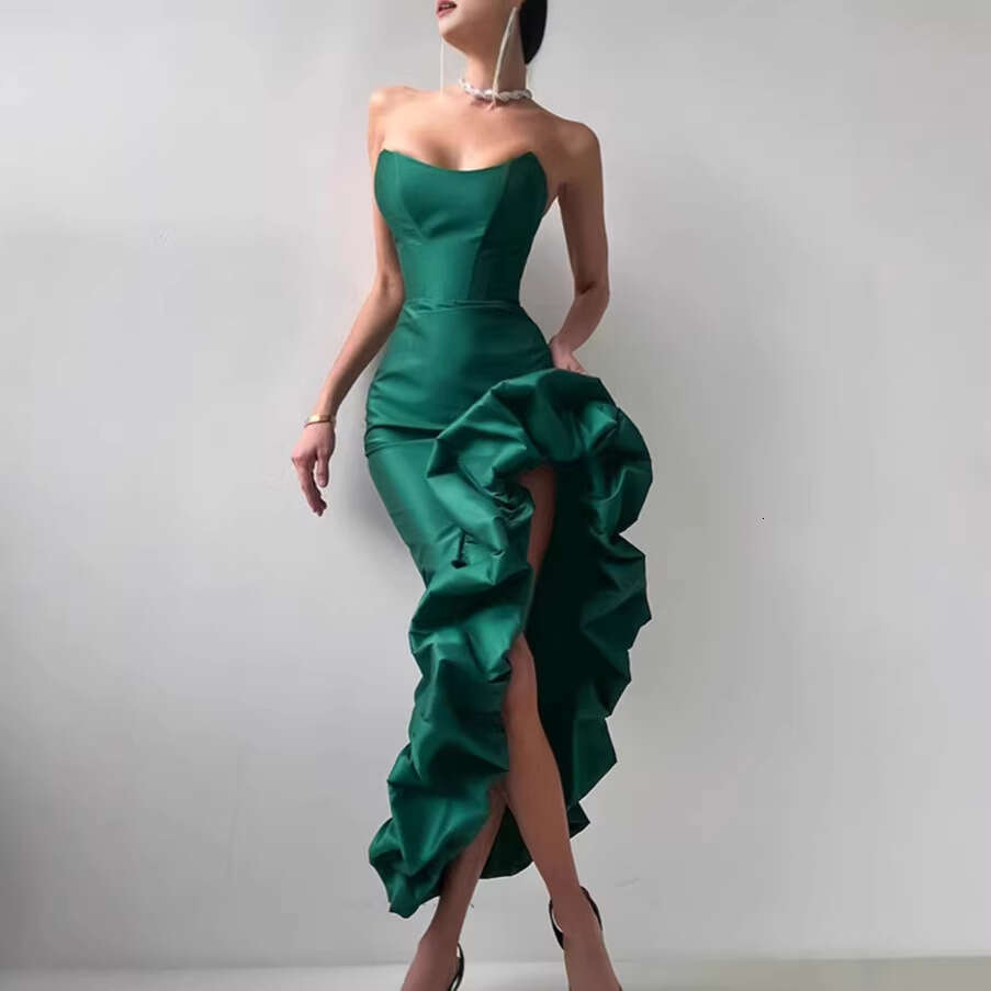 French Satin Strap For Women Spring High End Asymmetric Puffy Midi Dress MAKOUFEI