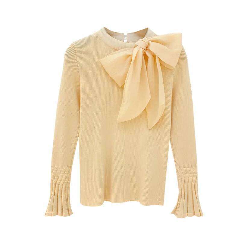 Autumn Winter Retro Tie 3D Bow Decors Sweater Flare Pullovers Bottoming Knitted Shirt Long Sleeve Tops Blusas Mujer 2019 Z260313