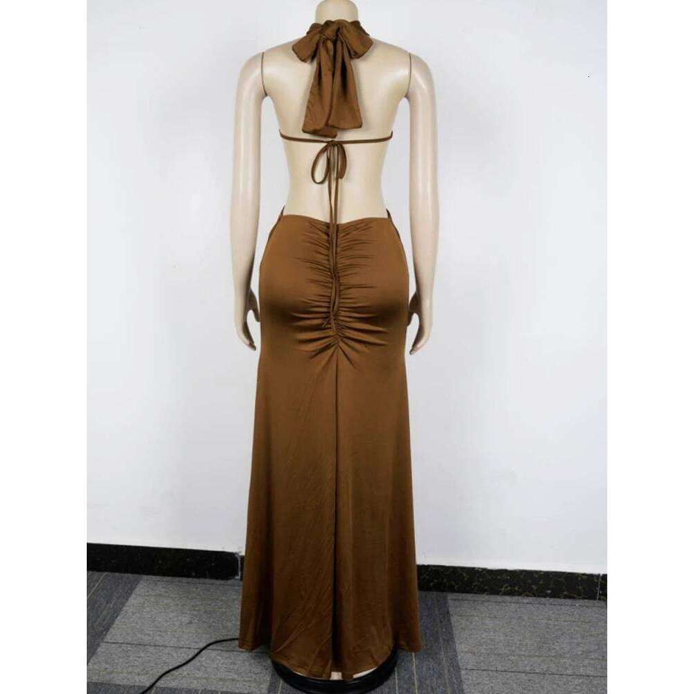 Beyprern New Chic Halter V Neck O Rings Long Maxi Dress Glam Women Sexy Backless Ruched High Slit Party Dresses Birthday Outfits