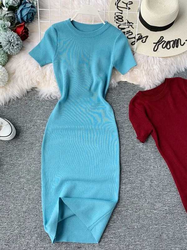ort Sve Color Knitted Slim Fit Midi Dr round Ne Elastic Waist One Step Skirt Dr Korean Sle Commute DrT260314