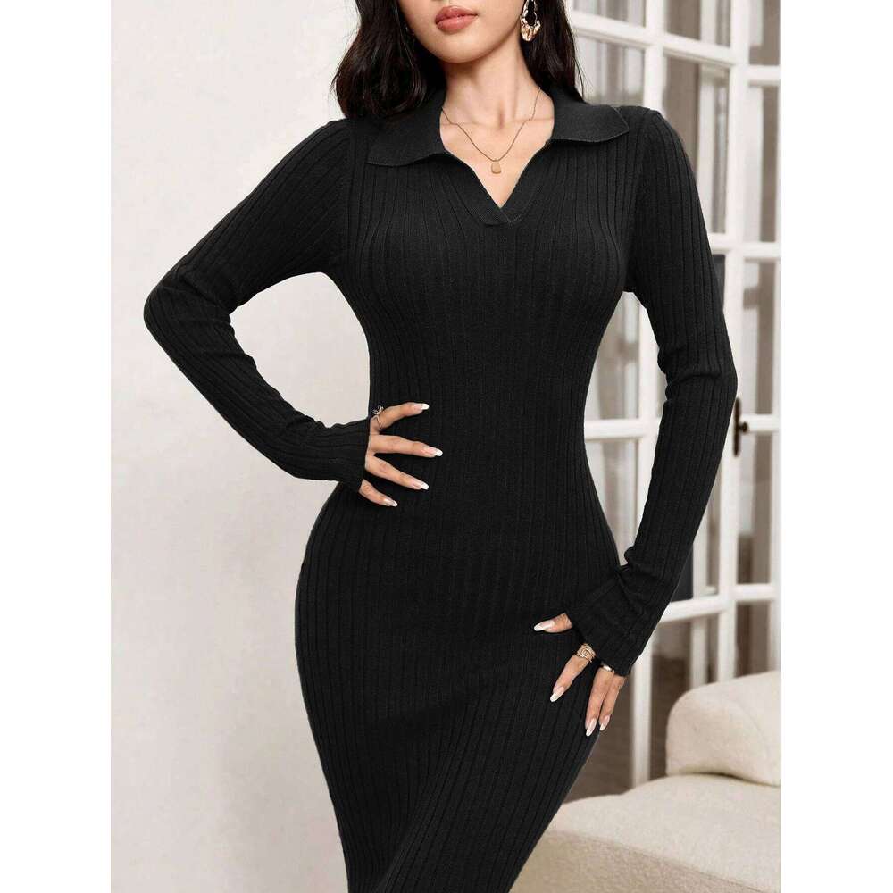 Elegant long-sleeved black knit with turn-down collar; a slim-fitting sweater dress for spring and autumn Z260313