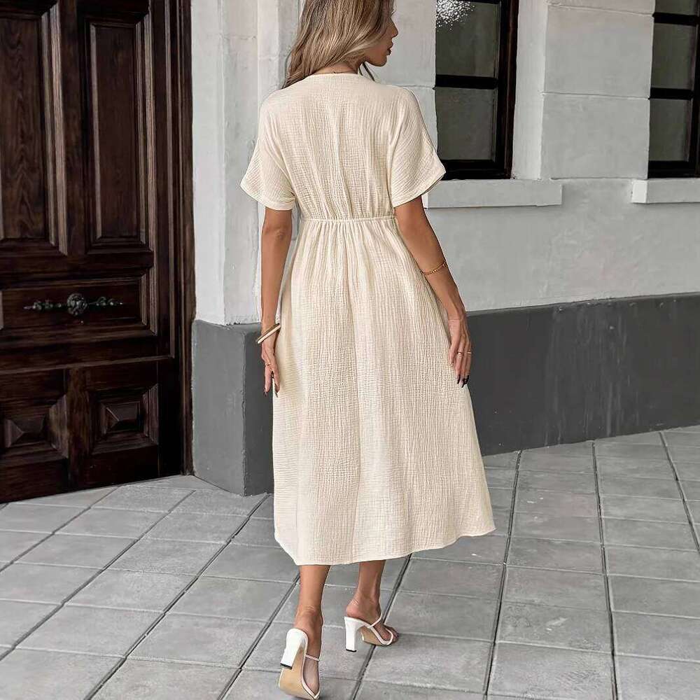 Vintage Solid Midi Summer Fashion V-neck Short Sleeve Cotton Dress Ladies Casual Holiday Vestidos Women Clothing Z260313