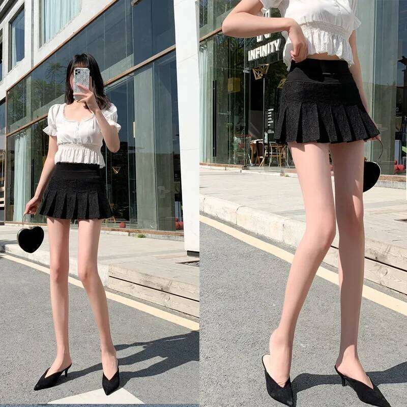 A Line New Ultra-short Mini Pants Elastic Waist Joker Lace Pleated Sexy Fashion Black White Skirt Z260314