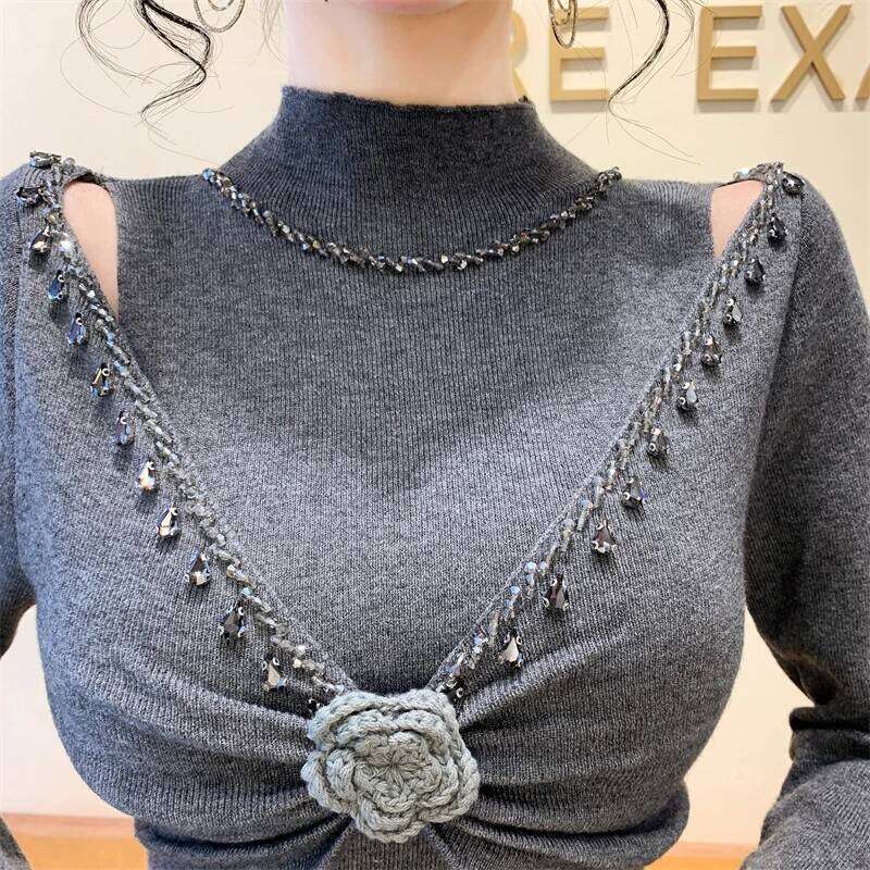 2025 New European Clothes Knitted Sweater Women Chic Sexy Hollow Out Beading Flower Knitwear Long Sleeve Pullovers Z260313