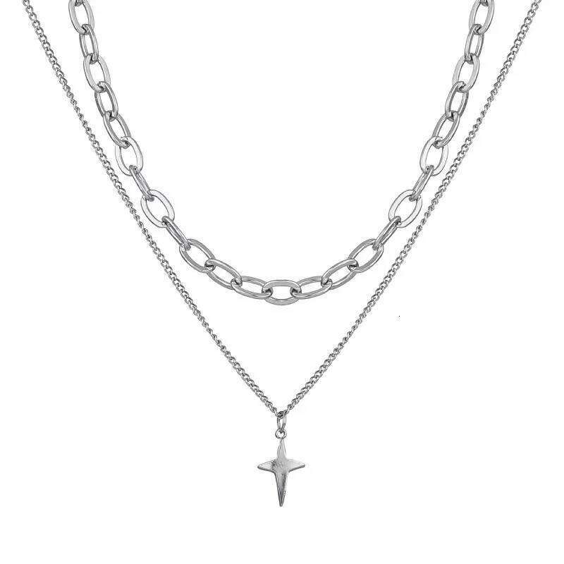 New Design Double Layer Link Chain Cross Star Necklace for Women Man Teens Trendy Punk Hip hop Stainless Steel Choker H260312