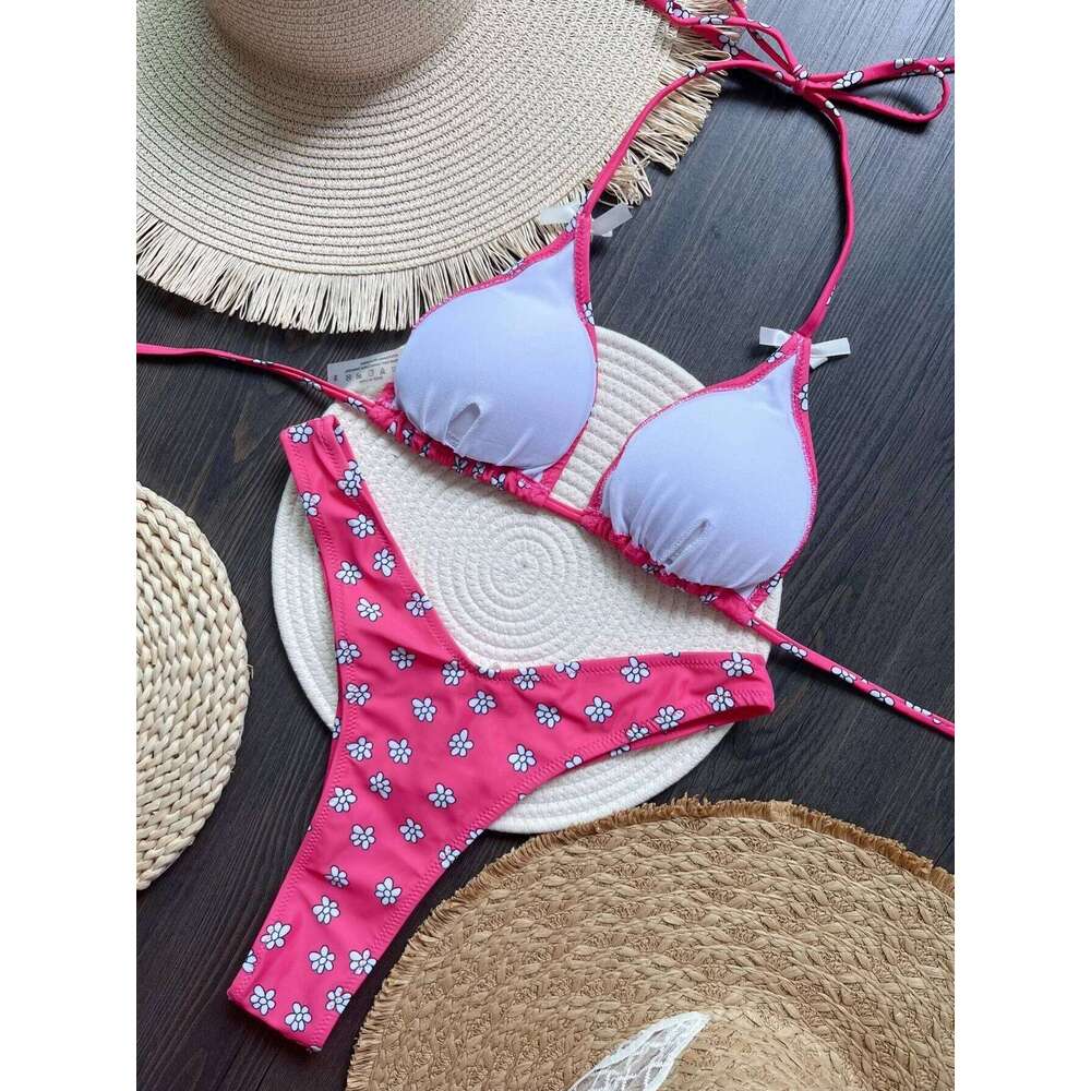 Flowers Printed Halter High Leg Cut Female Swimsuit Women Swimwear Two-pieces Bikini set Bather Bathing Suit Swim 26H0313