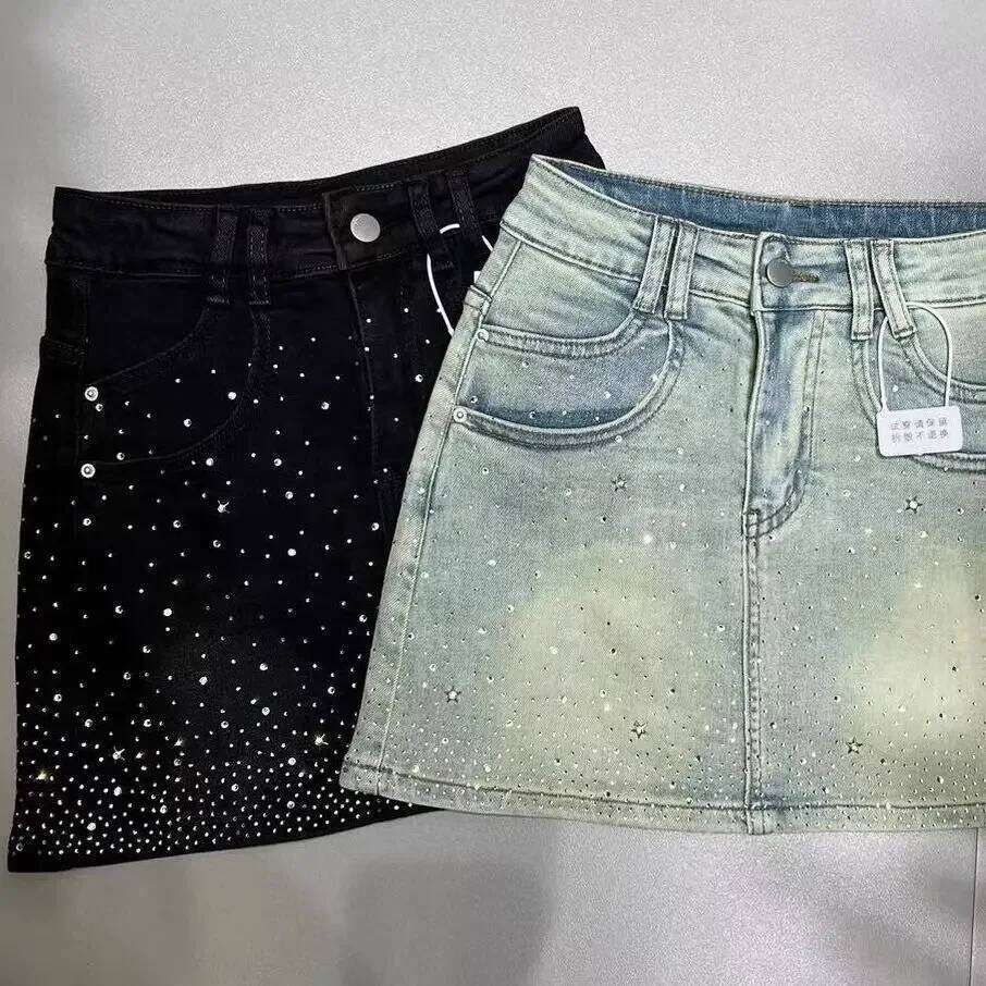 Starry Hot Rhinestone for Women 2024 Summer New Retro Slimming a-Line Sheath Denim Skirt Z260314