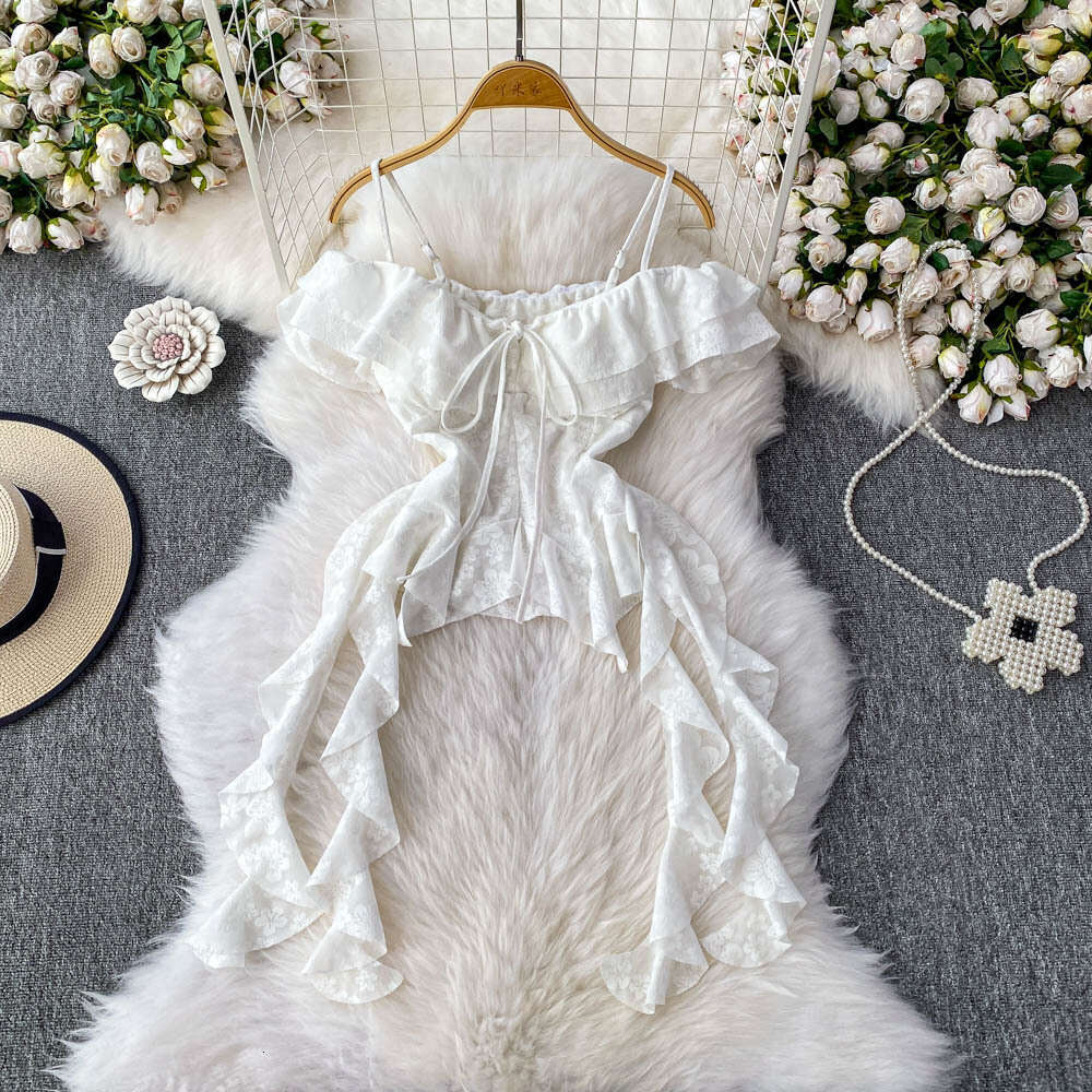 Designer French ruffled off shoulder women's vest 2026 new irregular jacquard slim fit top