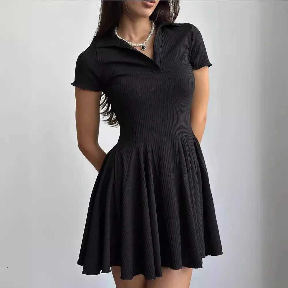 Womens Slim Fit Mid Waist Fashionable Solid Color Simple Spring Summer Long Sleeved POLO Collar Casual A-line Mini DressT260314