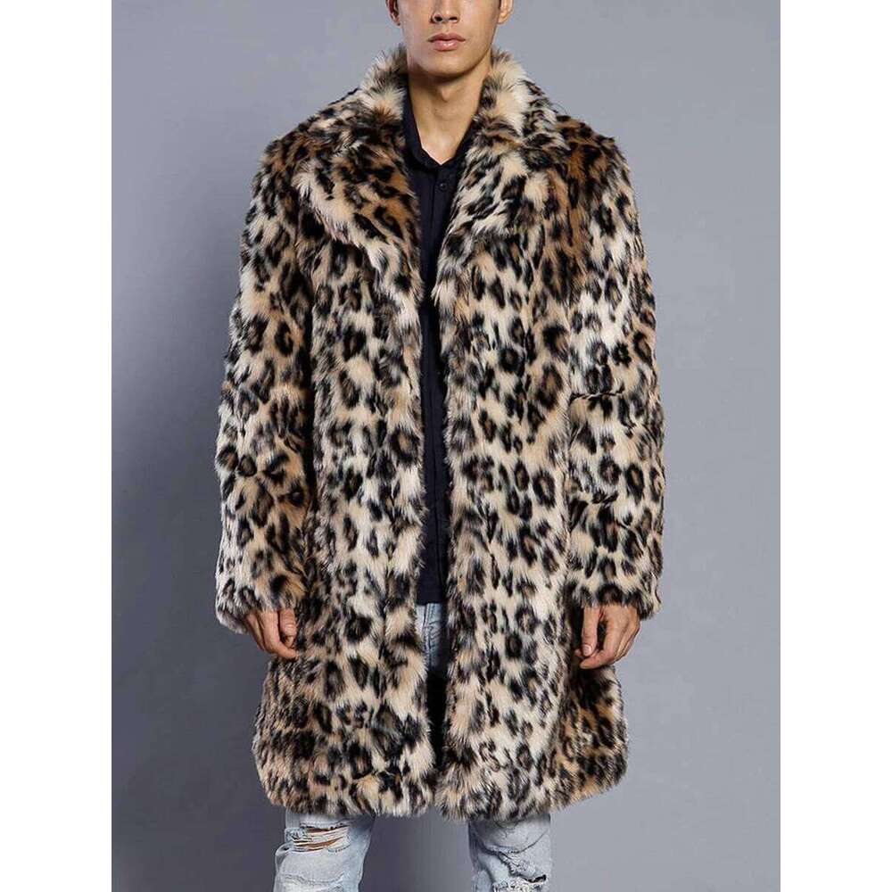 2022 Autumn Winter Large Lapel Long Faux Fur Jacket Men's Overcoat Mens Clothing Leopard Thick Coat Z260313