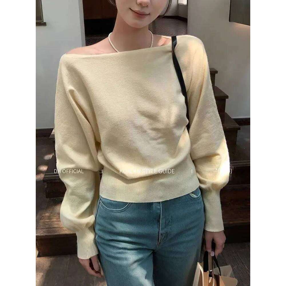 Boat Neck Long Knitwear Women Pullover Off shoulder Puff sleeve Sweater Spring Autumn Outwear Lady Casual Top Z260313
