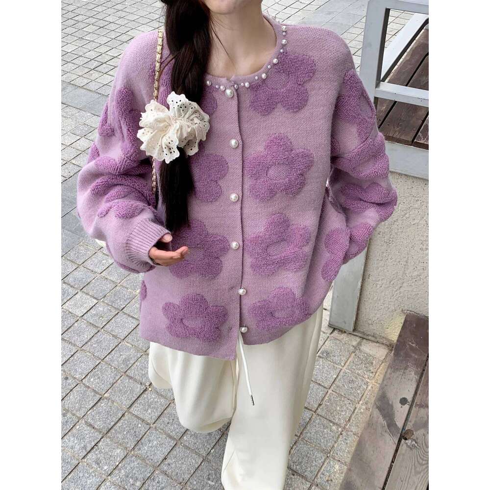 Heavy Industry Nail Bead Flower Cardigan Women's Autumn and Winter New Item Korean Style Loose Knit Sweater Top Z260313