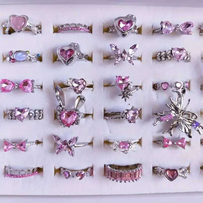 10Pieces Exquisite Pink Synthetic Zircon Heart Butterfly Rings Set For Women Mix Style Open Adjustion Jewelry Party Gifts H260312