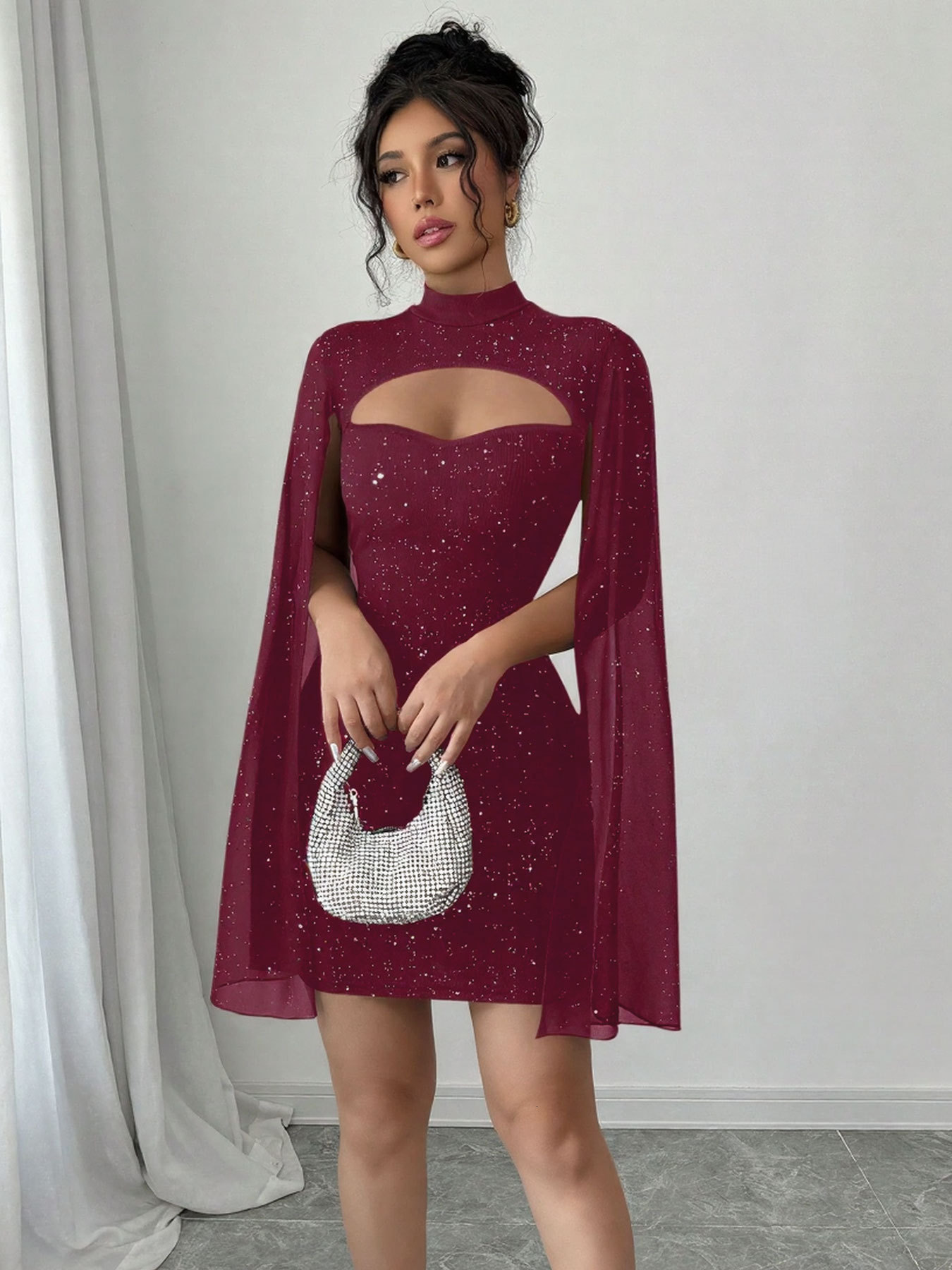 Mozision Cape Long Sleeve Sexy Midi Dress For Women Autumn Winter Square Collar Back Slit Bodycon Club Party Long Dress 250303