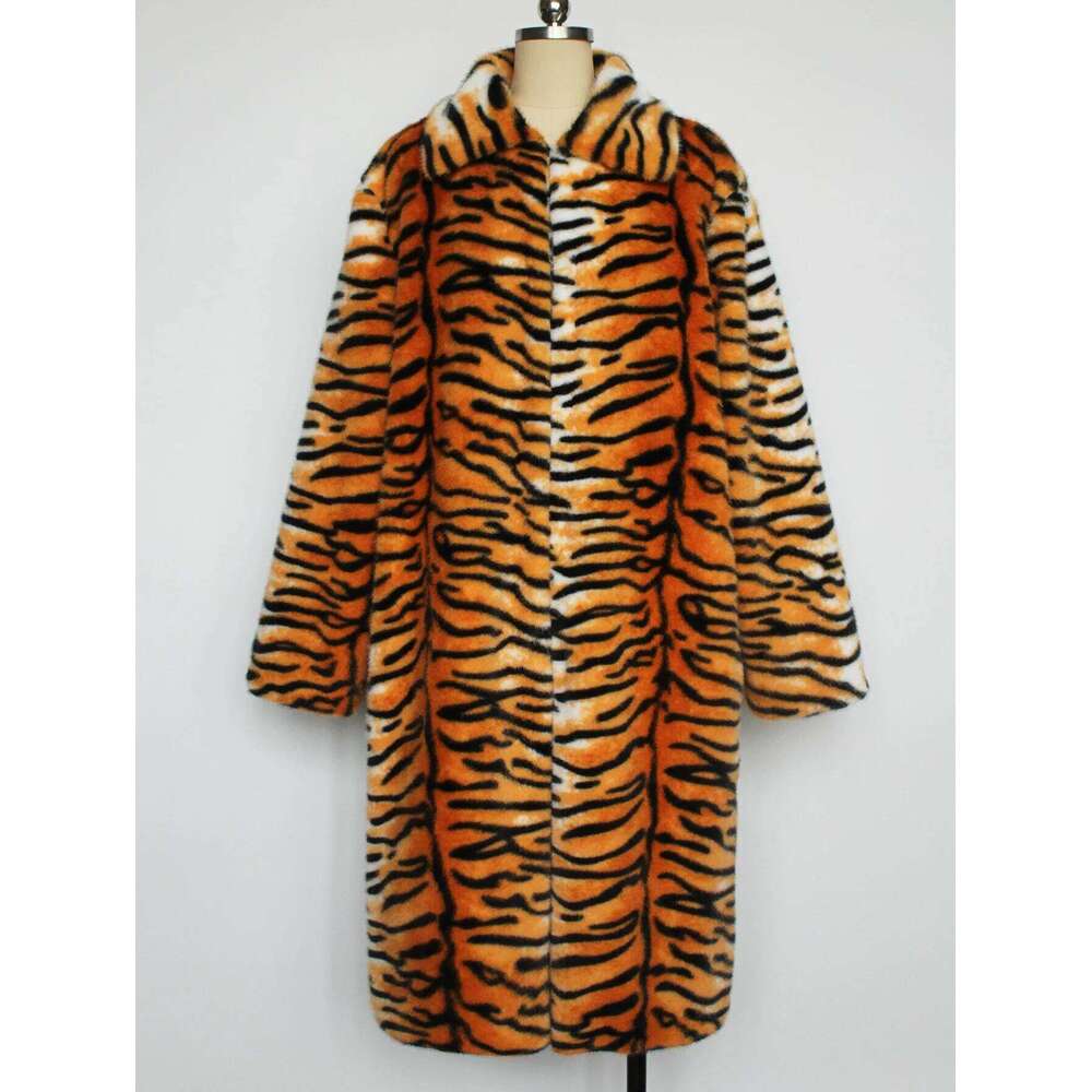 Men Tiger Stripe Coat Faux Fur Jacket Color Blocked Turn Down Collar Long Sleeve Single Breasted Loose Casual 2025 Autumn Winter Z260313