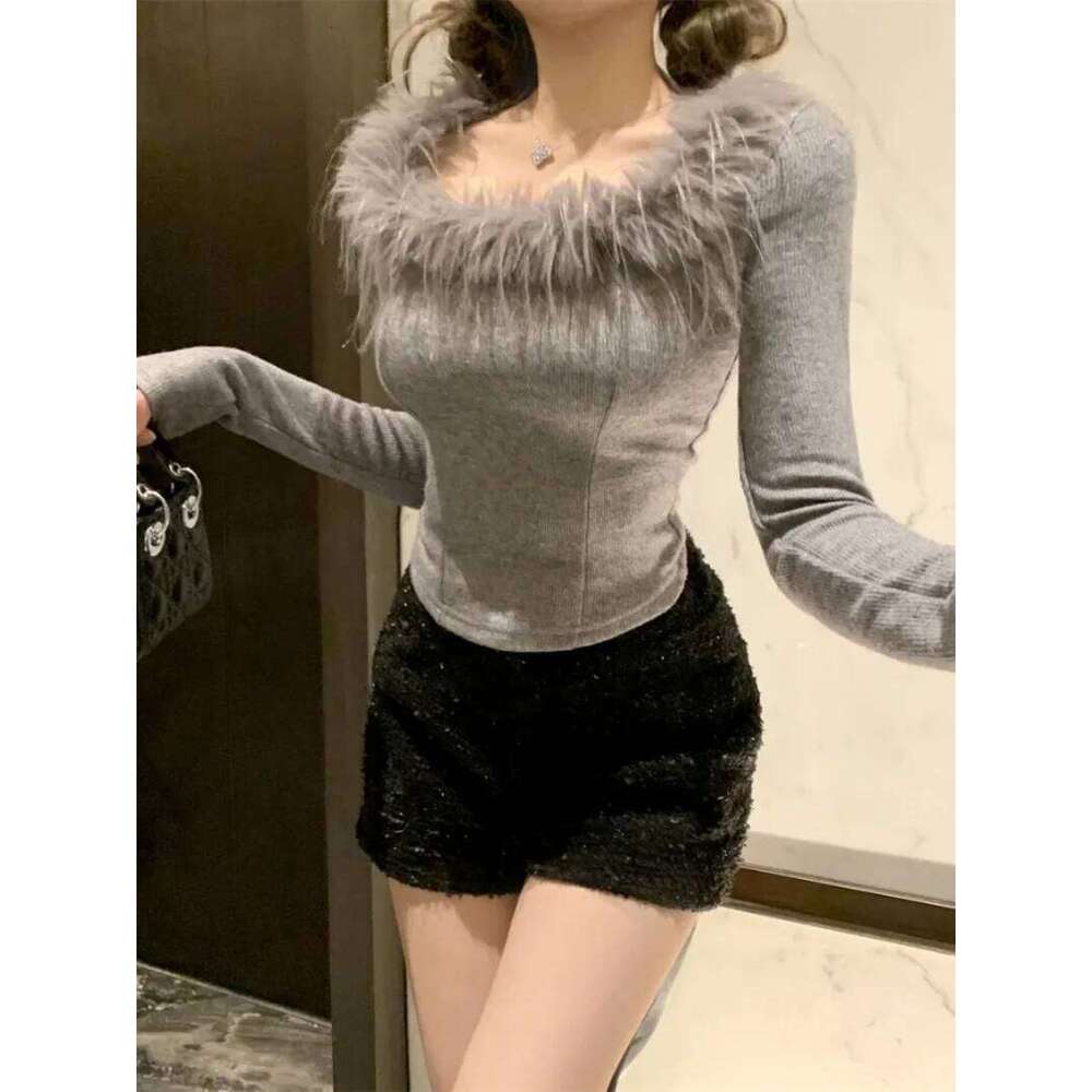 Fur Sueter Mujer Slim Y2k Square Collar Gray Knitted Sweater Female Long Sleeve Top 2024 Shirts for Women Jumper Z260313