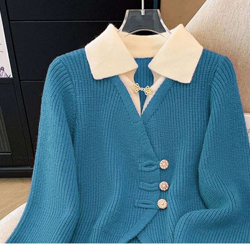 New 2025 Autumn Winter Design Splicing Slim Women Knitted Cardigan Sweater Jacket Fashion Fake Two Items Loose Ladies Top Z260313