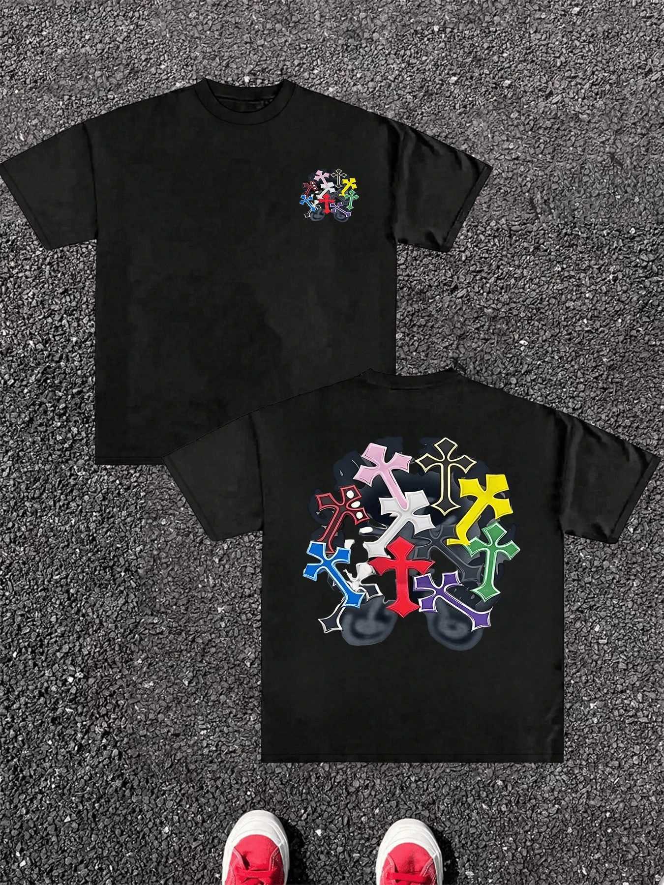Mens T-shirt Pure Cotton Double Sided Digital Print With Colorful Crosses Graphic Unisex Breathable harajuku cotton streetwear D260313