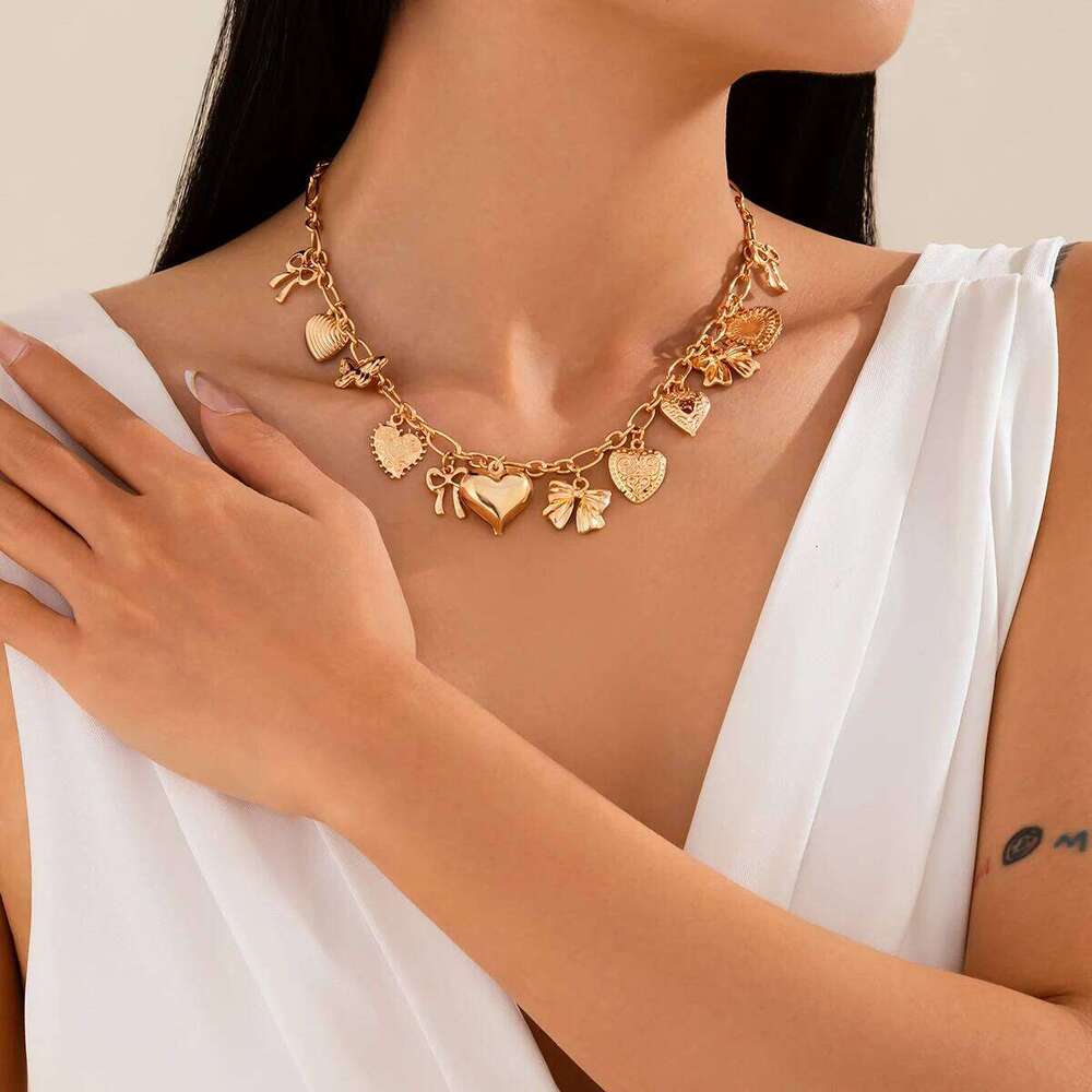 Salircon Vintage Heart Bowknot Charm Choker Necklace Trending Adjustable Clavicle Chain Women Neck Jewelry Gift H260312