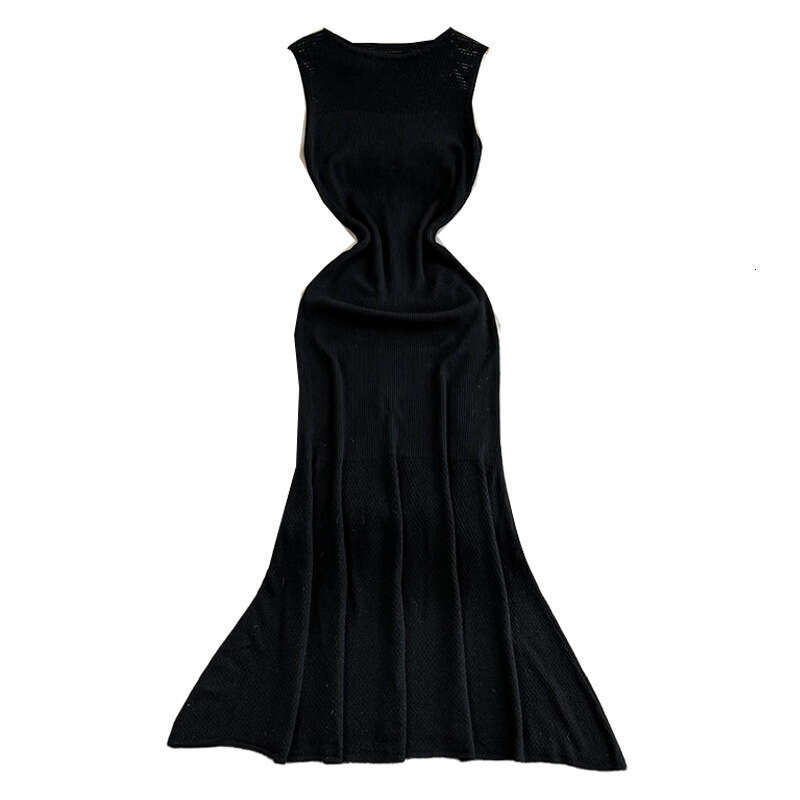 Summer new elegant round neck sleeveless elastic waist and hip lifting knitted dress without split sleeves and fishtail hem