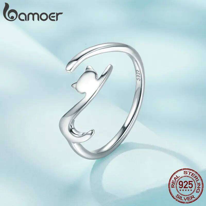 BAMOER 925 Sterling Silver Sticky Cat with Long Tail Finger Women Adjustable Engagement Ring Jewelry SCR220 H260312