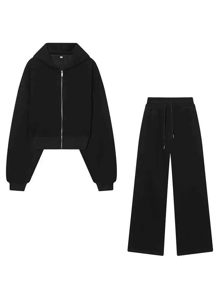 HH Women New Fashion Casual Hooded Long Sleeves Zipper Solid Short JacketDrawstring Loose Wide Leg Long Pants Chic Pants Suit M260313