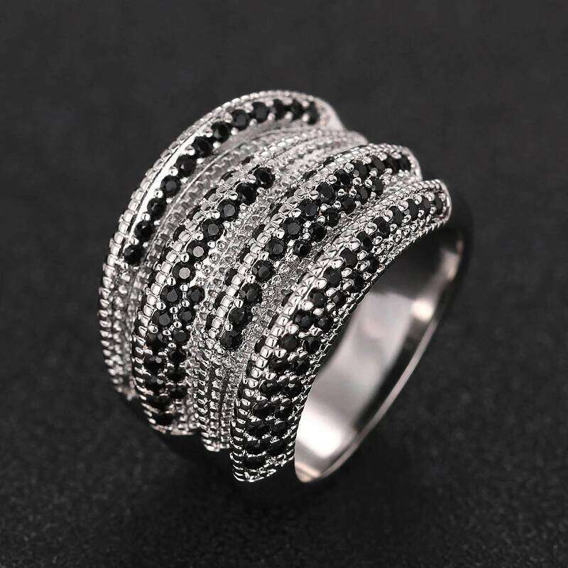 Huita Hiphop Women Rings Inlaid Black Sparkling Cubic Zirconia Special Party Accessories Silver Color Charming Unique Jewelry H260312